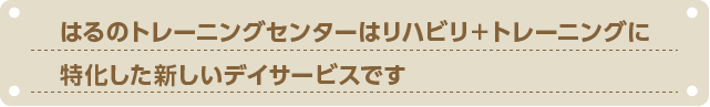 はるのトレーニングセンターはリハビリ＋トレーニングに特化した新しいデイサービスです